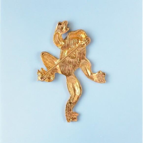 Vintage Handcrafted Enamel & Jet Black Crystal Climbing Brown Frog Pin Brooch - Picture 3 of 3